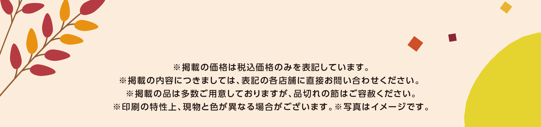 ※掲載の価格は税込価格のみを表記しています。※当店平常価格とは、表記の各店舗によって「本体価格」または「税込価格」と異なります。※テイクアウト・店内飲食によって税率が変わる場合がございます。※掲載の内容につきましては、表記の各店舗に直接お問い合わせください。 ※掲載の品は多数ご用意しておりますが、品切れの節はご容赦ください。※印刷の特性上、現物と色が異なる場合がございます。※写真はイメージです。